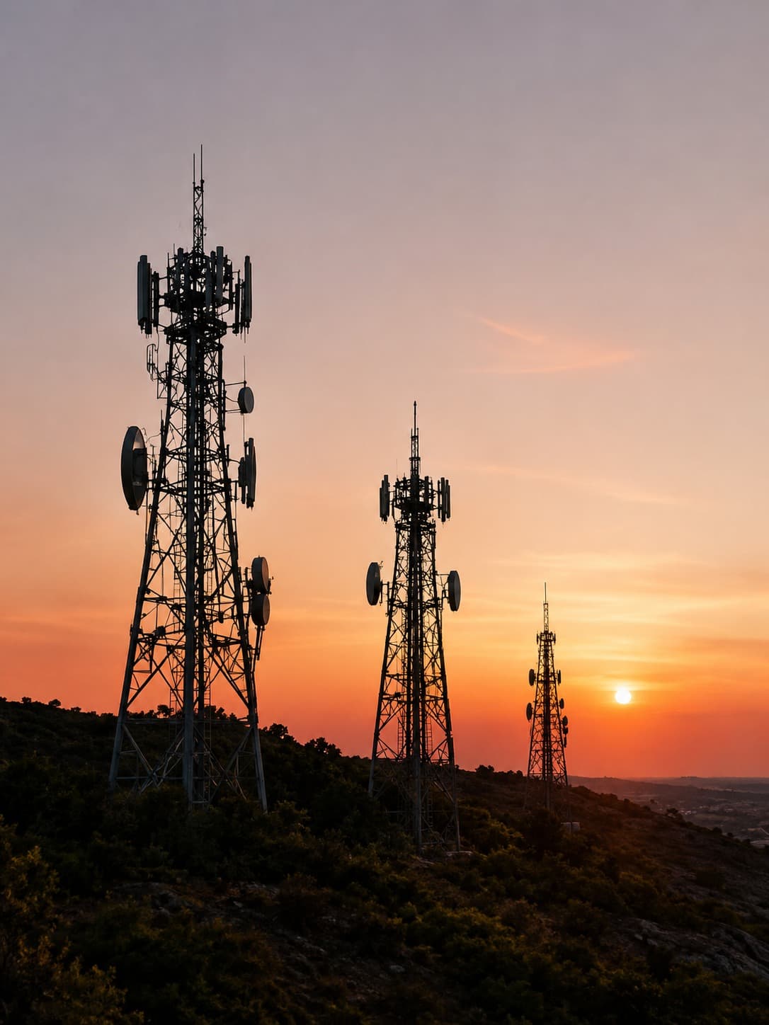 Three telecommunications masts silhouetted on a ridge at sunset.