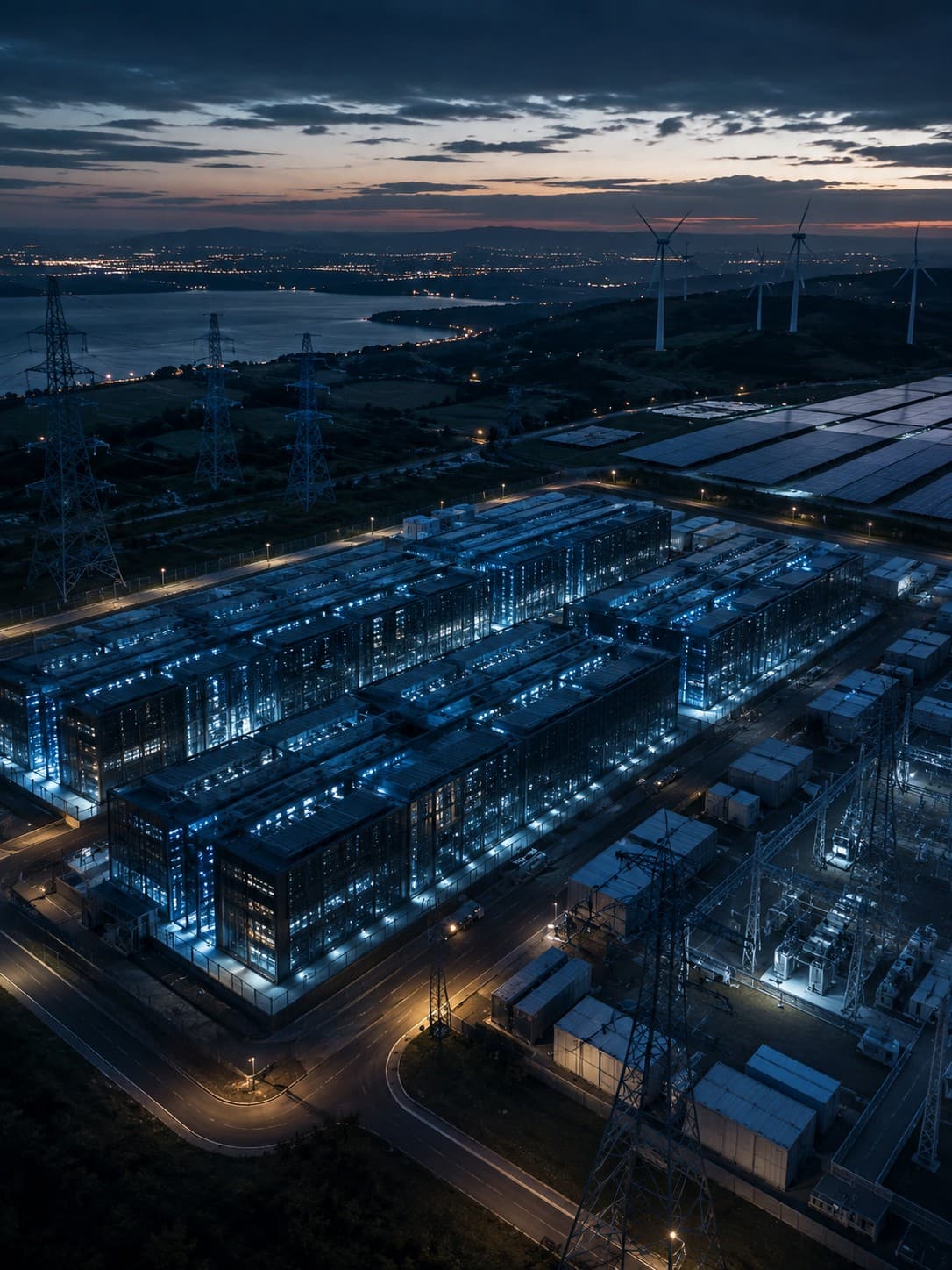 An AI data-centre campus at dusk, lit halls beside a substation, transmission towers, solar arrays and wind turbines.