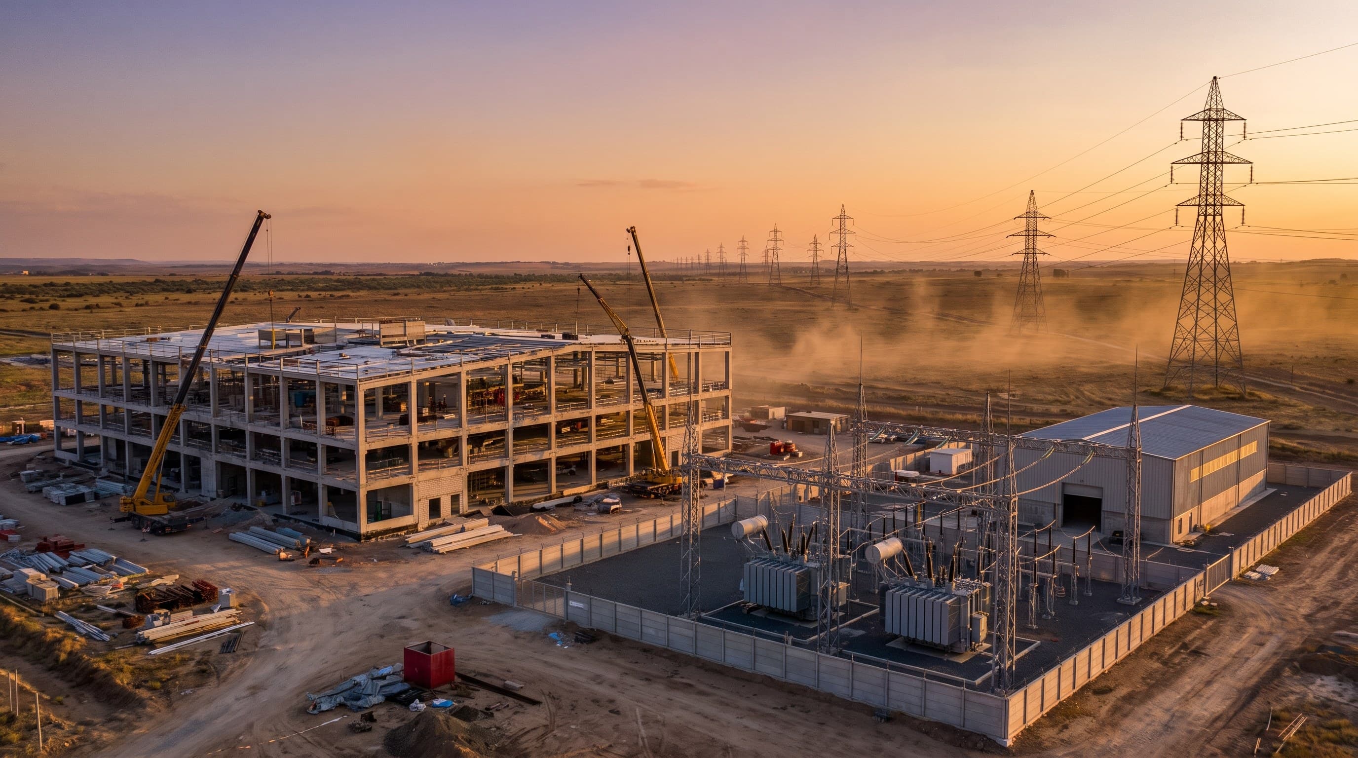 The concrete frame of a large hall under construction at dusk beside a substation, transmission towers running to the horizon across open steppe.