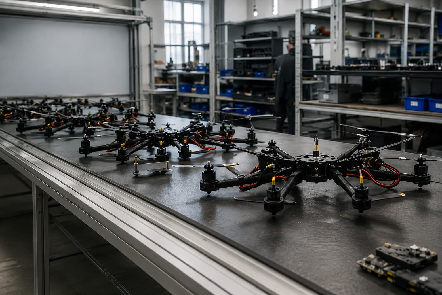Drone airframes part-assembled in a row on a workshop bench, motors and wiring exposed, a technician working at the far end.