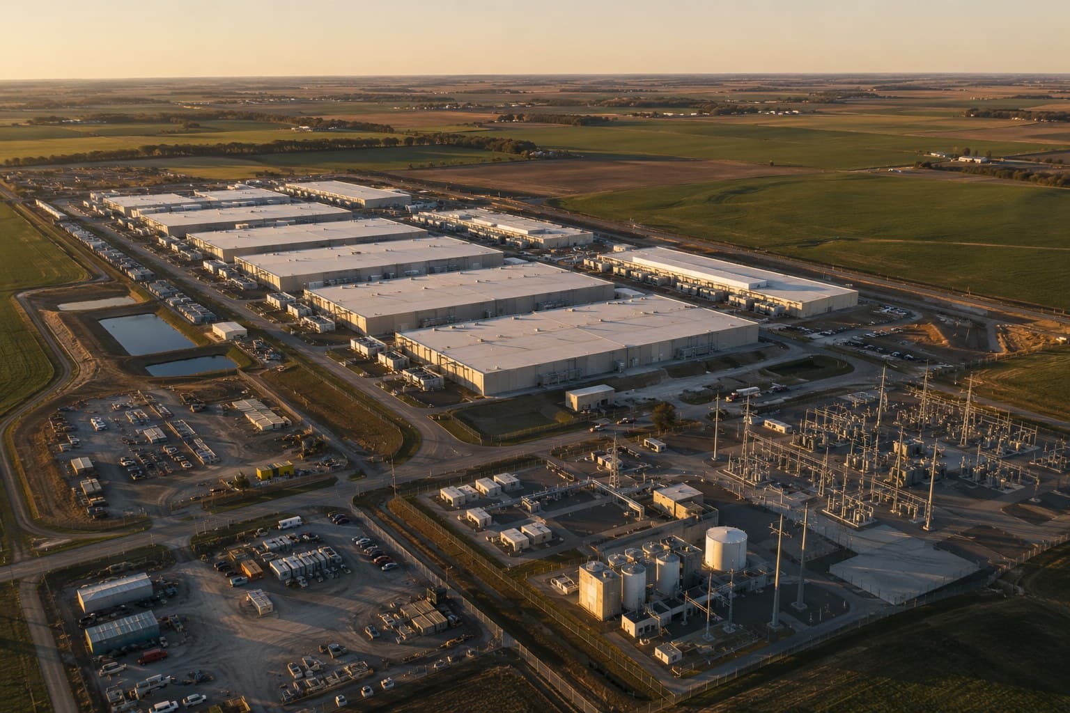 An aerial view at golden hour of a hyperscale data-centre campus: rows of identical halls, a substation and transformer yard, laydown areas, farmland running to the horizon.