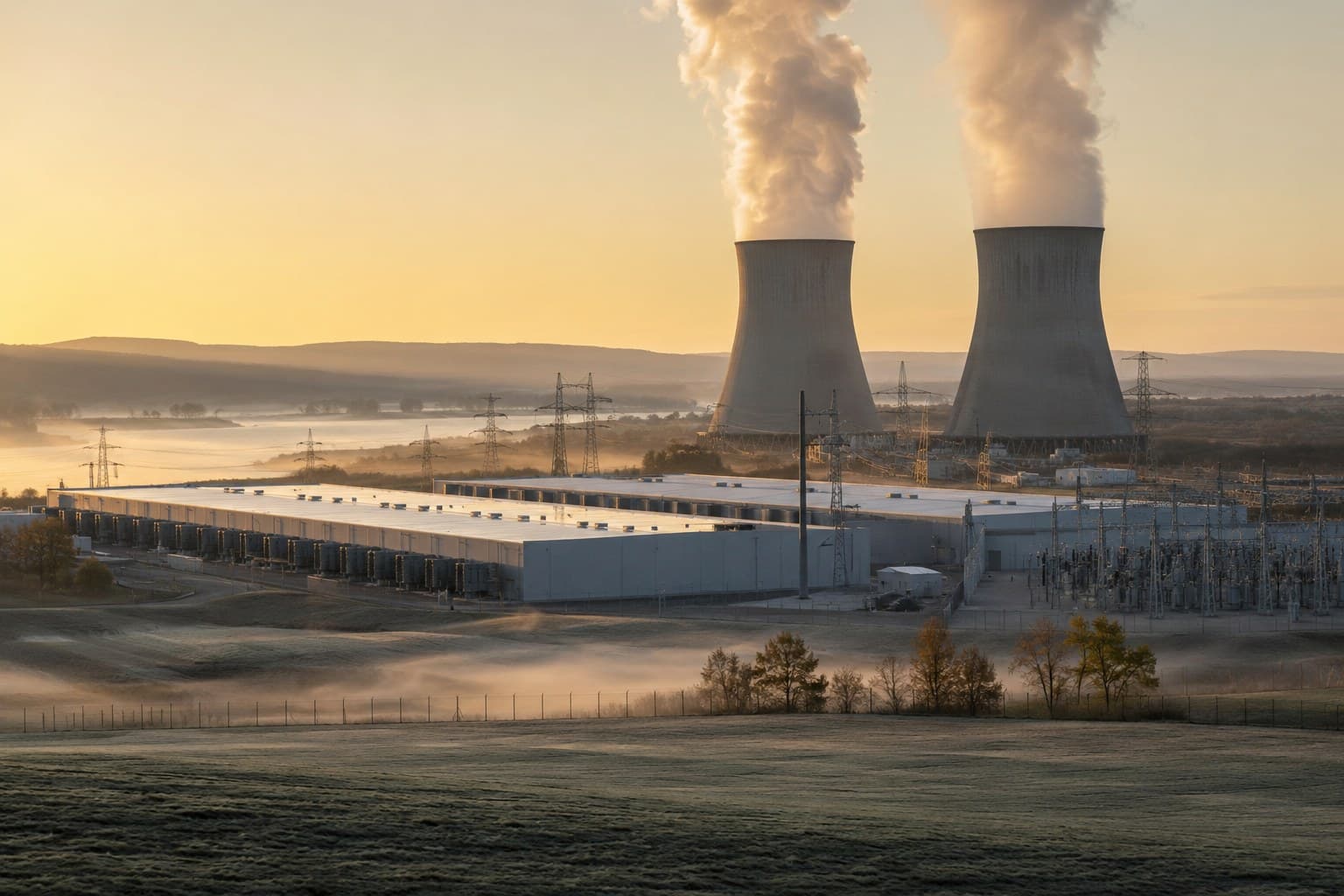 Nuclear cooling towers steaming at dawn behind a long low data hall, a switchyard and transmission lines running between them across misted fields.