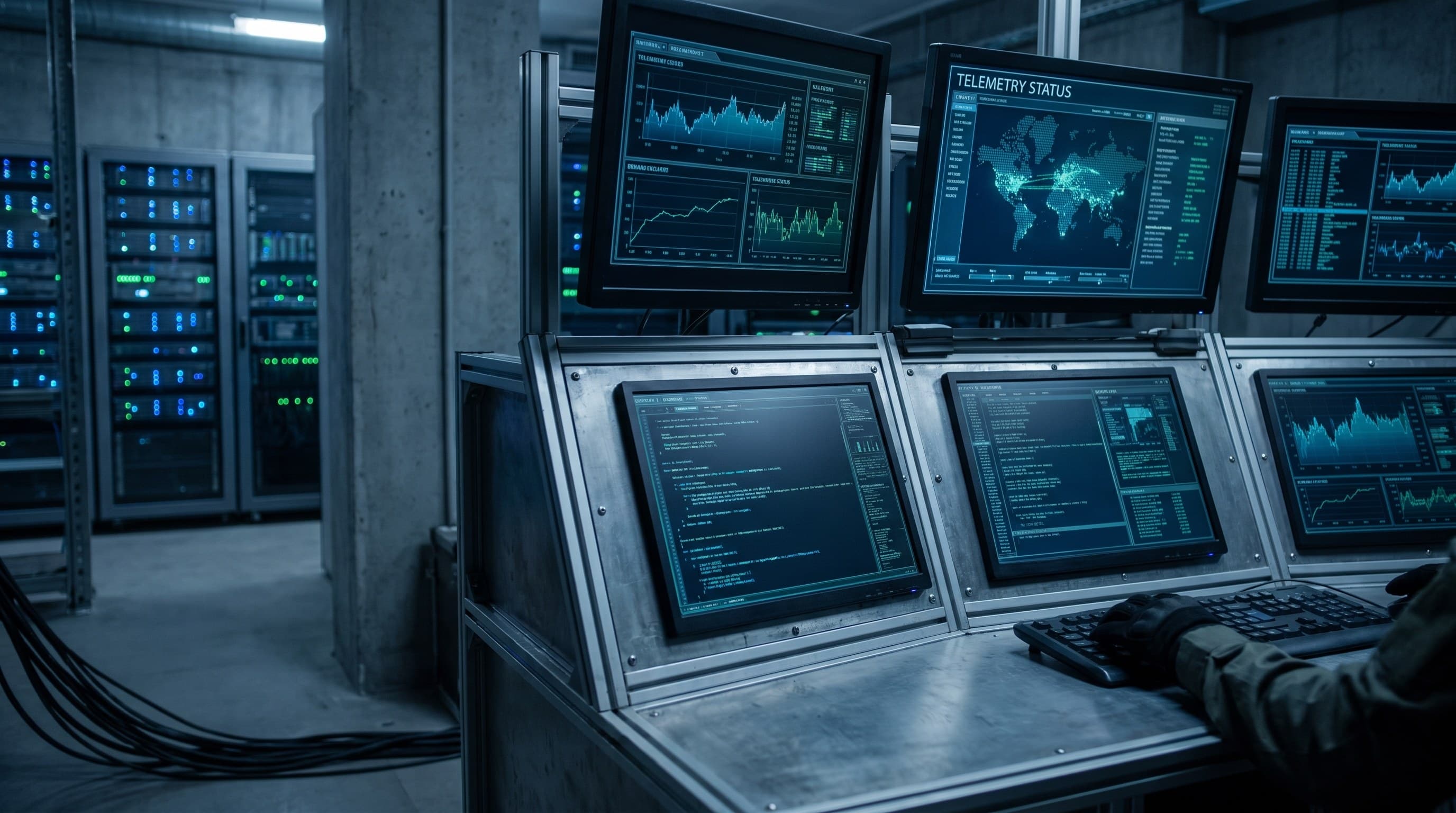 An operator console of telemetry screens in a server room, a gloved hand at the keyboard.